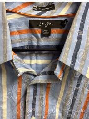 🔥 Sean John Tailored Fit Button-Up Shirt – Blue/Orange Striped Paisley XXL Y2k